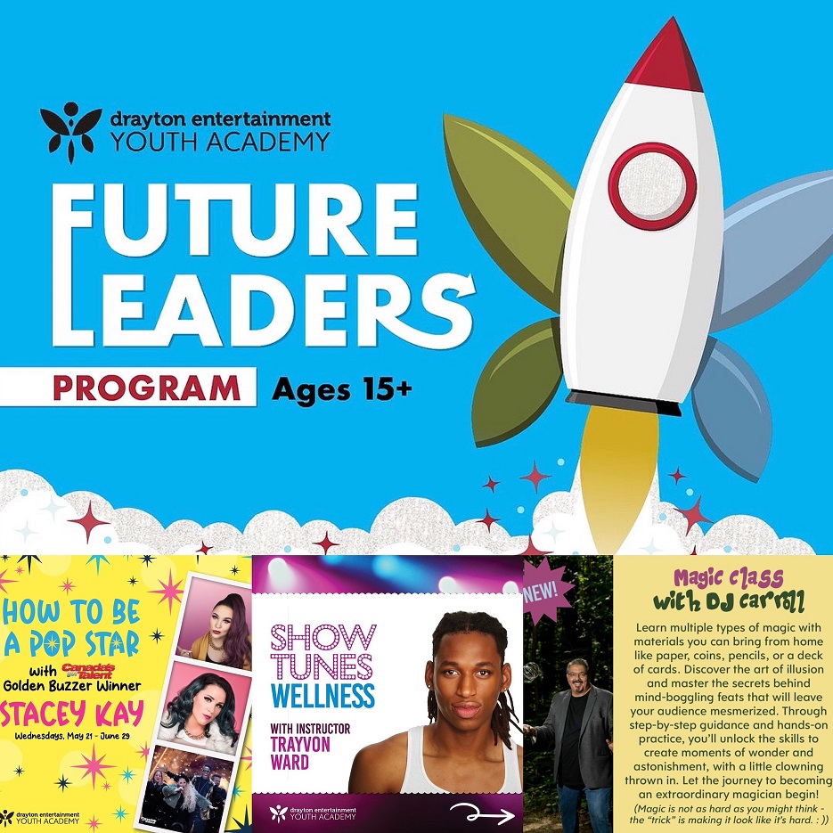 Promotional flyer for Drayton Entertainment Youth Academy Future Leaders Program, for ages 15 and above. The flyer features a colorful design with a rocket ship on the right side symbolizing launch or growth. There are four sections with different activities offered by the program: ‘How to be a Pop Star’ with a microphone icon, ‘Show Your Talent’ featuring an image of a person holding a trophy, ‘Magic Class’ with a playing cards icon, and an image of Stacey Kelly with text about mentoring by professionals. The background has silhouettes of cheering crowds and city buildings at the bottom.” The image showcases various opportunities for youth development in creative fields provided by the Drayton Entertainment Youth Academy. It emphasizes personal growth and skill development through diverse activities.